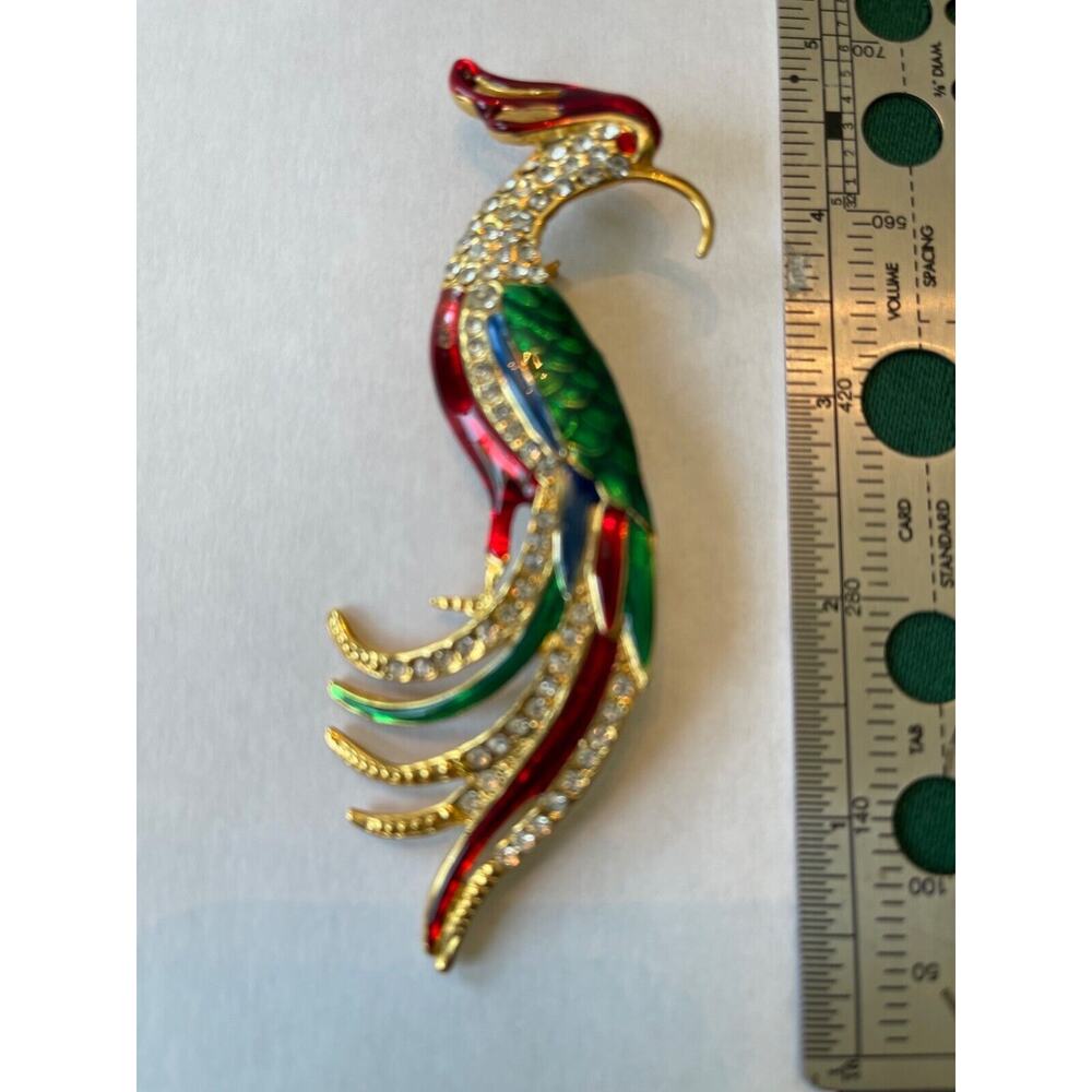 Gold Tone Red & Green Enamel Rhinestone Bird Peacock Brooch Pin Vintage Estate